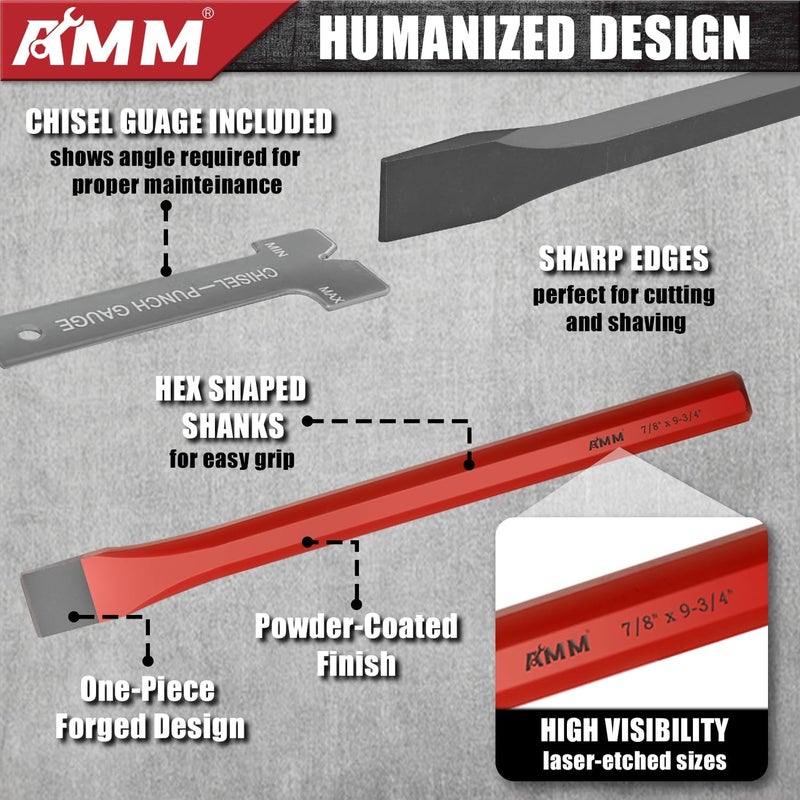 AMM 28 PCS Heavy Duty Punch and Chisel Set, Including Taper Punch, Cold Chisels, Pin Punch and Center Punch, Cr-V, Ideal for Working with Wood, Metal, Automotive, Sculpture, etc - Image 5